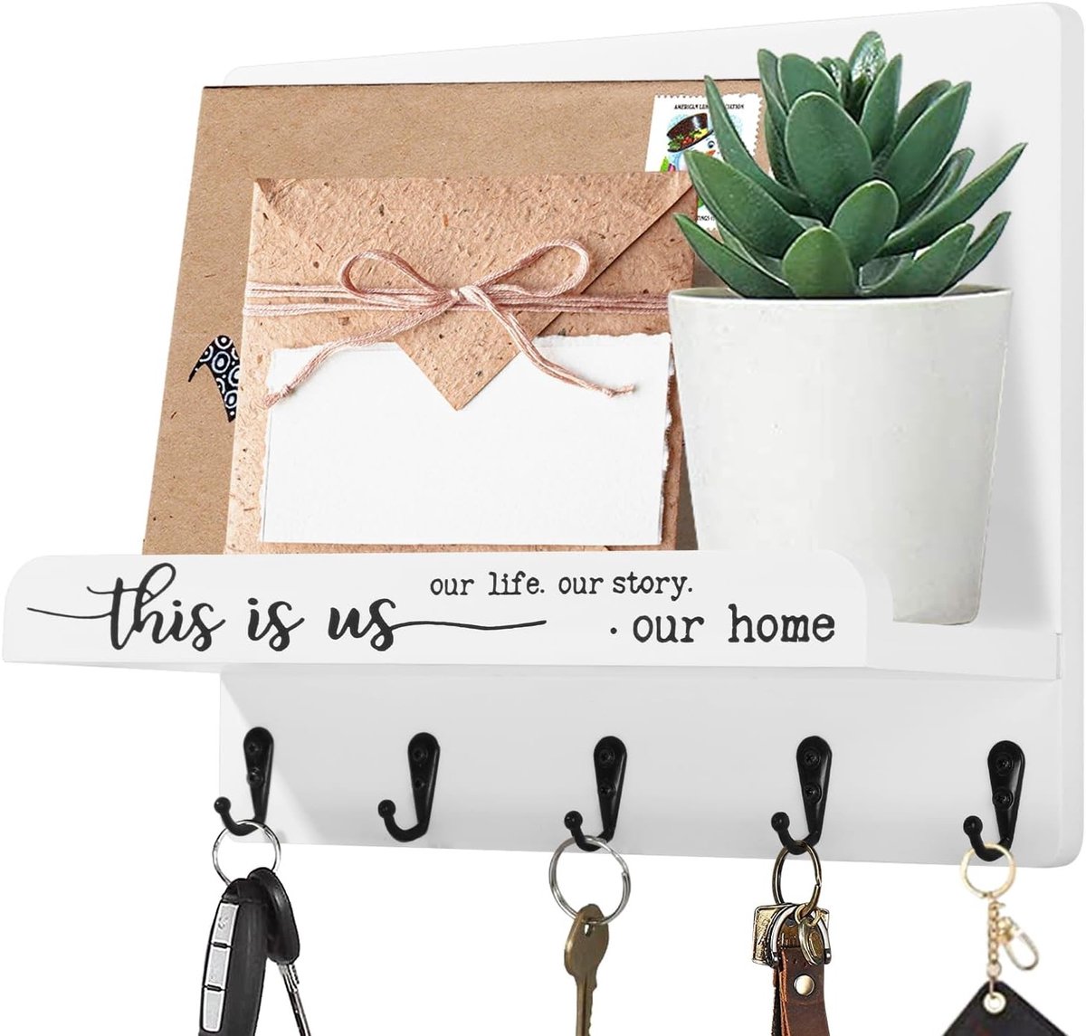 Wandhouder voor Sleutels en Post met Plank - Decoratieve Sleutelhaken voor Entree, Slaapkamer en Badkamer, Ideaal als Wandorganizer