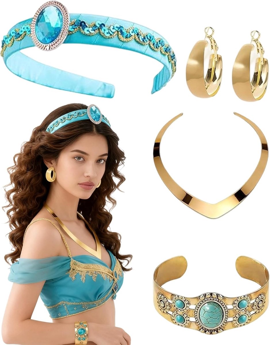 Arabische Prinses Kostuum voor Vrouwen met Kroon, Ketting, Armband en Oorbellen - Perfect voor Carnaval en Feestjes