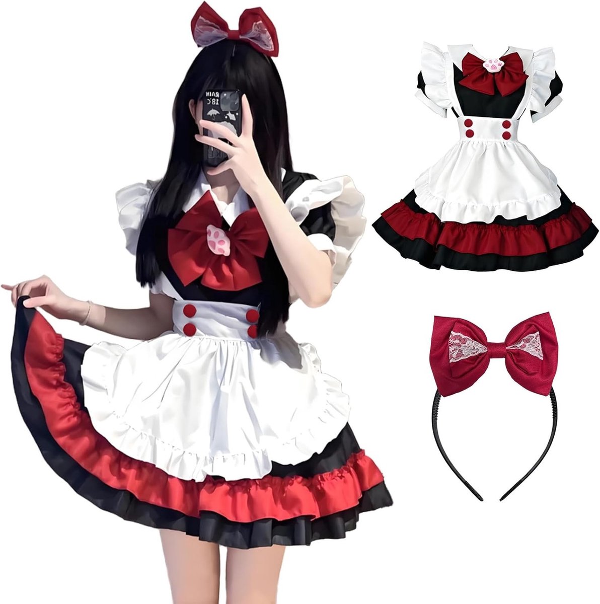 Zwarte en Rode Maid Kostuum voor Cosplay en Feestjes - Schattige Lolita Jurk met Strikken en Hoofdband voor Kerst en Halloween