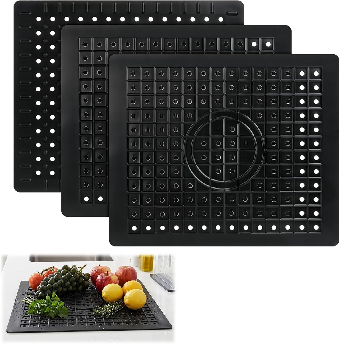 Gootsteeninzetstukken 31 x 26 cm - Rubber spoelbakmat voor bescherming van keukenspoelbak, zwart, antislip en duurzaam