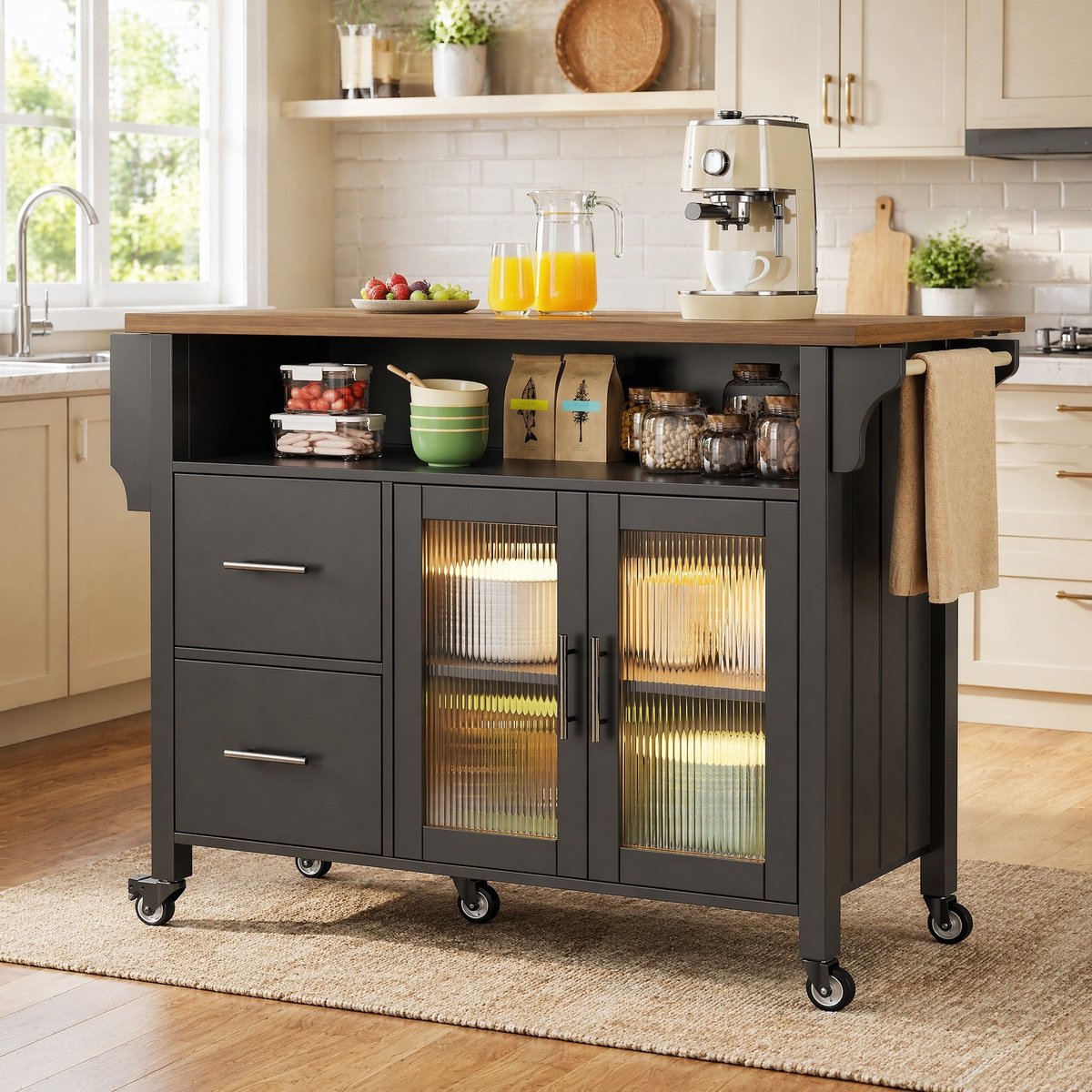 COVREO Keukenkast met wielen 139 x 40 x 94 cm - met LED, glazen deur, 2 lades en handdoekrek