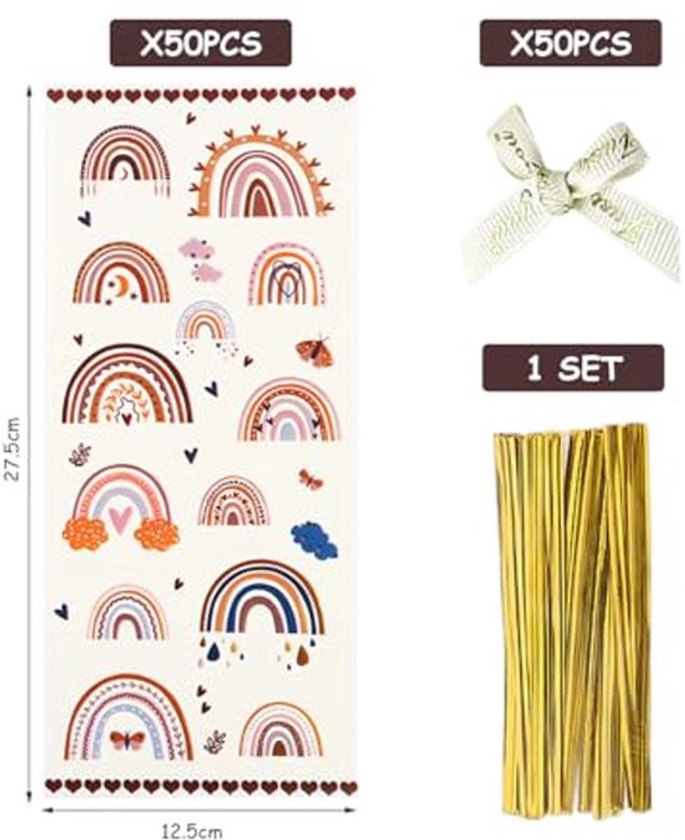 50 Regenboogsnoepzakjes - 12,5 x 7,5 cm - Inclusief 50 Beige Polyester Strikken