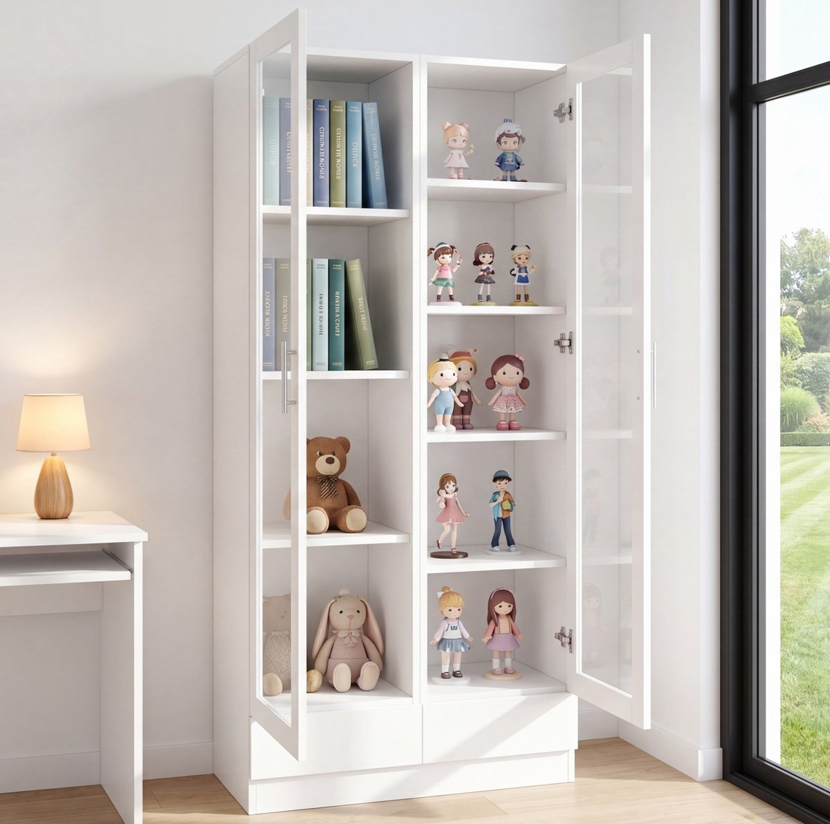 STILVORA Vitrinekast - Opbergkast Met Glazen Deuren En 2 Laden - Voor Woonkamer, Slaapkamer Of Kantoor - MDF En Glas - 80x40x160 Cm - Wit