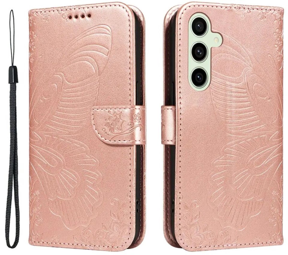 Hoesje Geschikt voor Samsung Galaxy S24 FE | Wallet Vlinder Book Case Kunstleer | Portemonnee | Standaard | Roze Goud