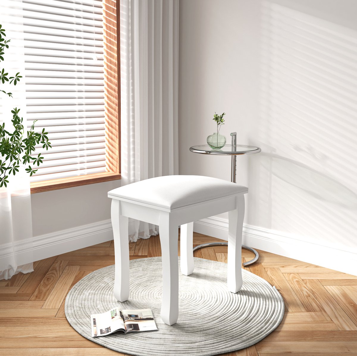 MIVRAY Krukje 43 x 33 x 45 cm - Vierkante Make-upkruk Zonder Rugleuning Met Gevoerde Zitting - Voor Slaapkamer En Badkamer - Hout Wit