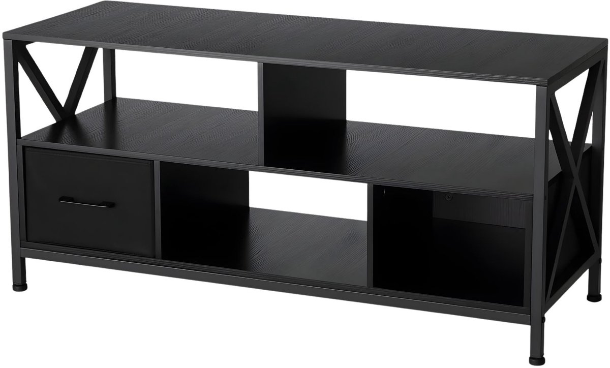 Happiq TV Meubel - Farmhouse TV Kast tot 50 Inch met Lades en Open Planken, Metalen Frame - Hout en Metaal - Zwart Black