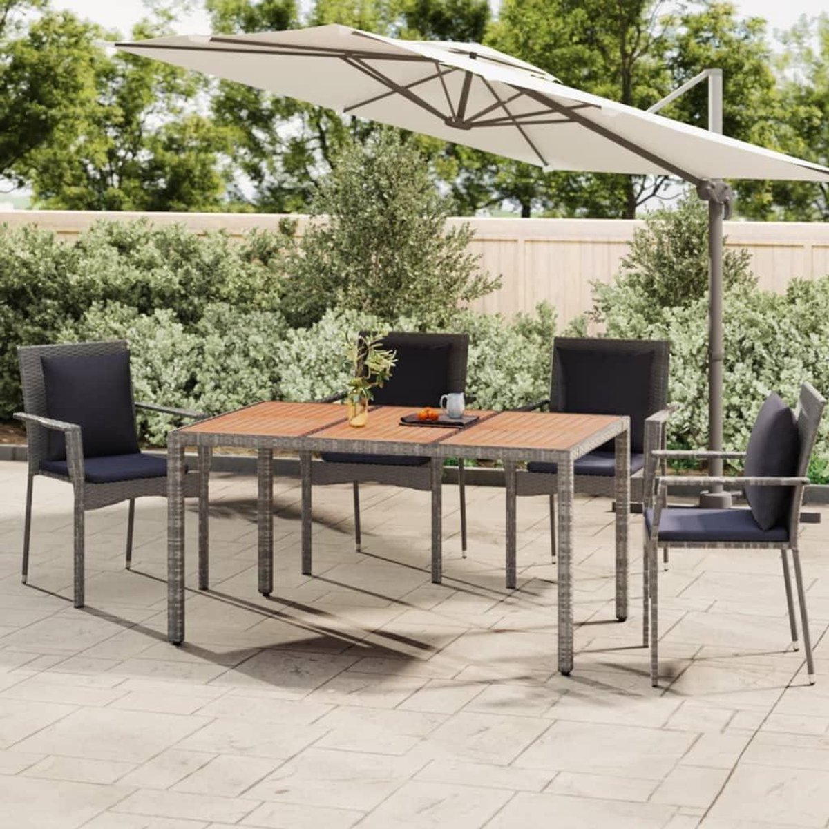 Tuintafel Houten Plaat - Polyrotan Tafel Acaciahout - Buiten Eten - Weerbestendig Stalen Frame