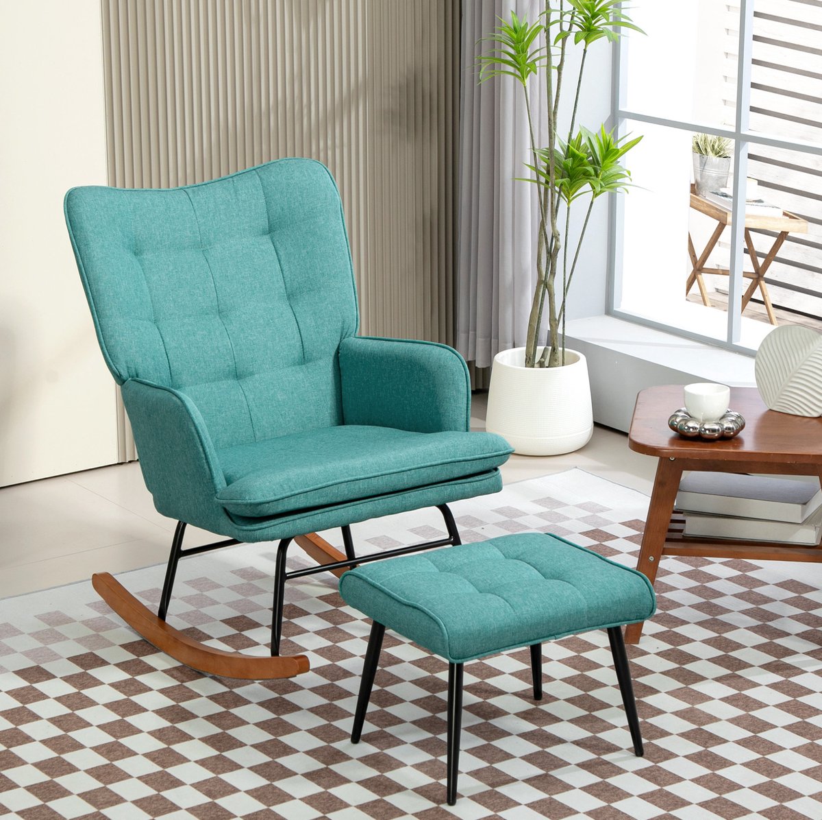 MIVRAY Schommelstoel 64 x 89 x 90 cm - Met Hocker En Hoge Rugleuning Voor Ontspannen En Lezen - Polyester, Hout En Metaal - Donkergroen
