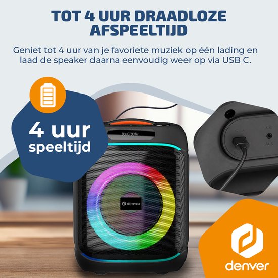 Denver Bluetooth Speaker Party box - Discolichten - Partyspeaker incl. draadloze microfoon & afstandsbediening - Luidspreker - 6,5" woofer - BPS170 van Denver — afbeelding 3