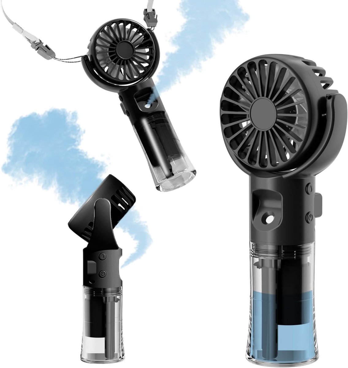 Handheld - Spuitventilator - Oplaadbaar - Ventilator-Werkt op batterijen - Draagbaar - 4 windsnelheden - Watertank van 55 ml - 360° draaibaar - Geschikt voor reizen/kamperen/buitenactiviteiten - Zwart-1 stuk