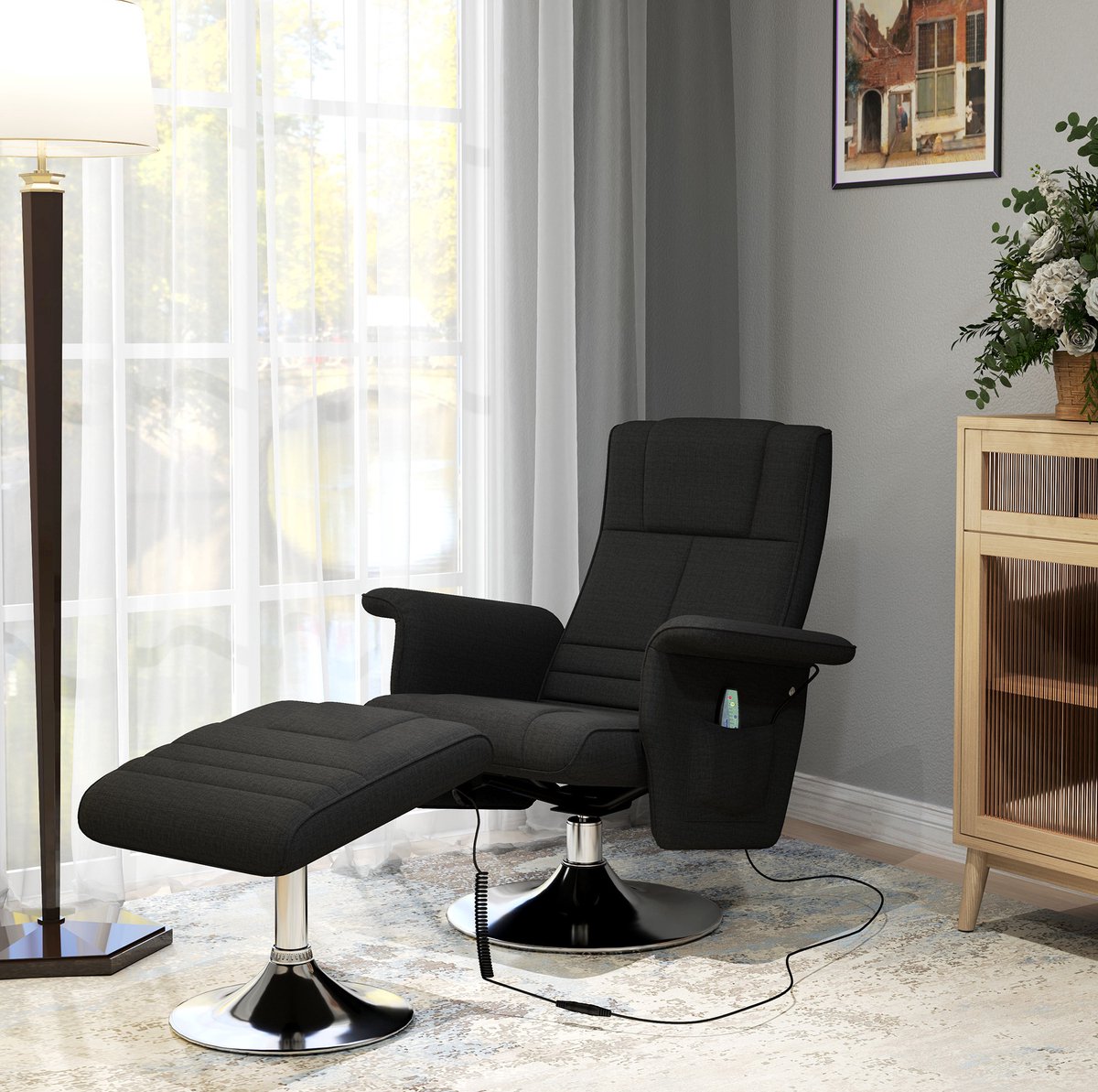 FloraGrace Massagestoel Met Voetenbank - Draaibare Relaxfauteuil Met Ligfunctie En 8-Punts Trilmassage - Voor Woonkamer - Stof - Zwart