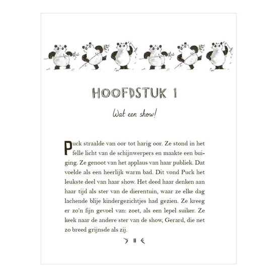 Tekstpagina uit een kinderboek metpanda's en de titel 'HOOFDSTUK 1'.