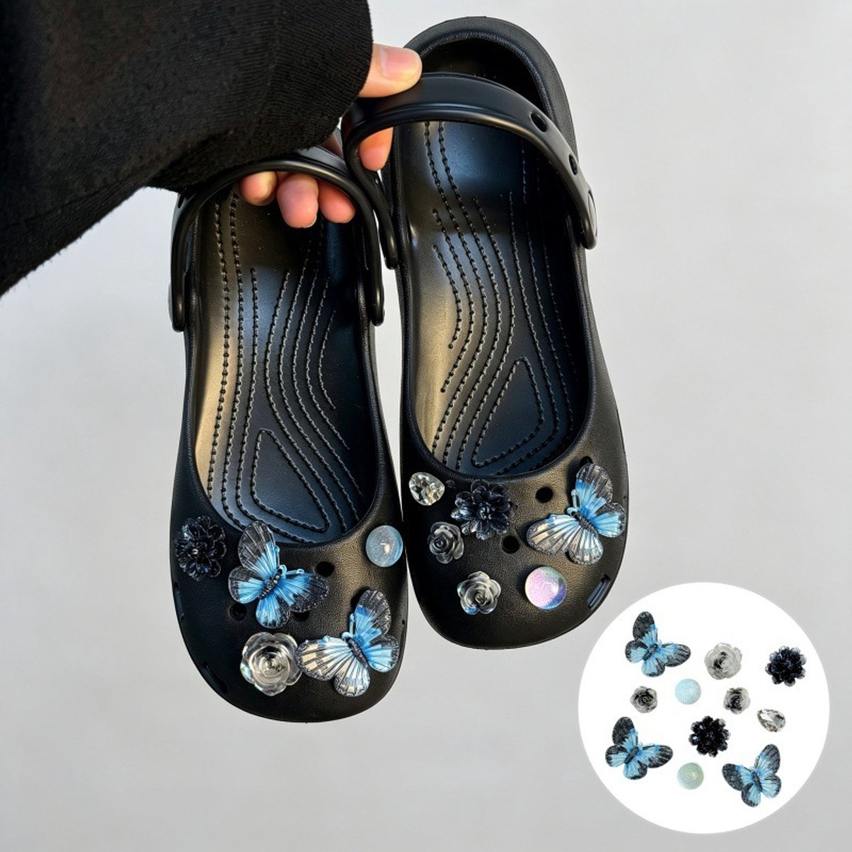 Schoenaccessoires-geschikt voor crocs charms- geschikt voor crocs pins- geschikt voor crocs Accessoires- geschikt voor Crocs Jibbitz-CJ-348 IJsblauwe bloemstuk met vlinders 11-pakket