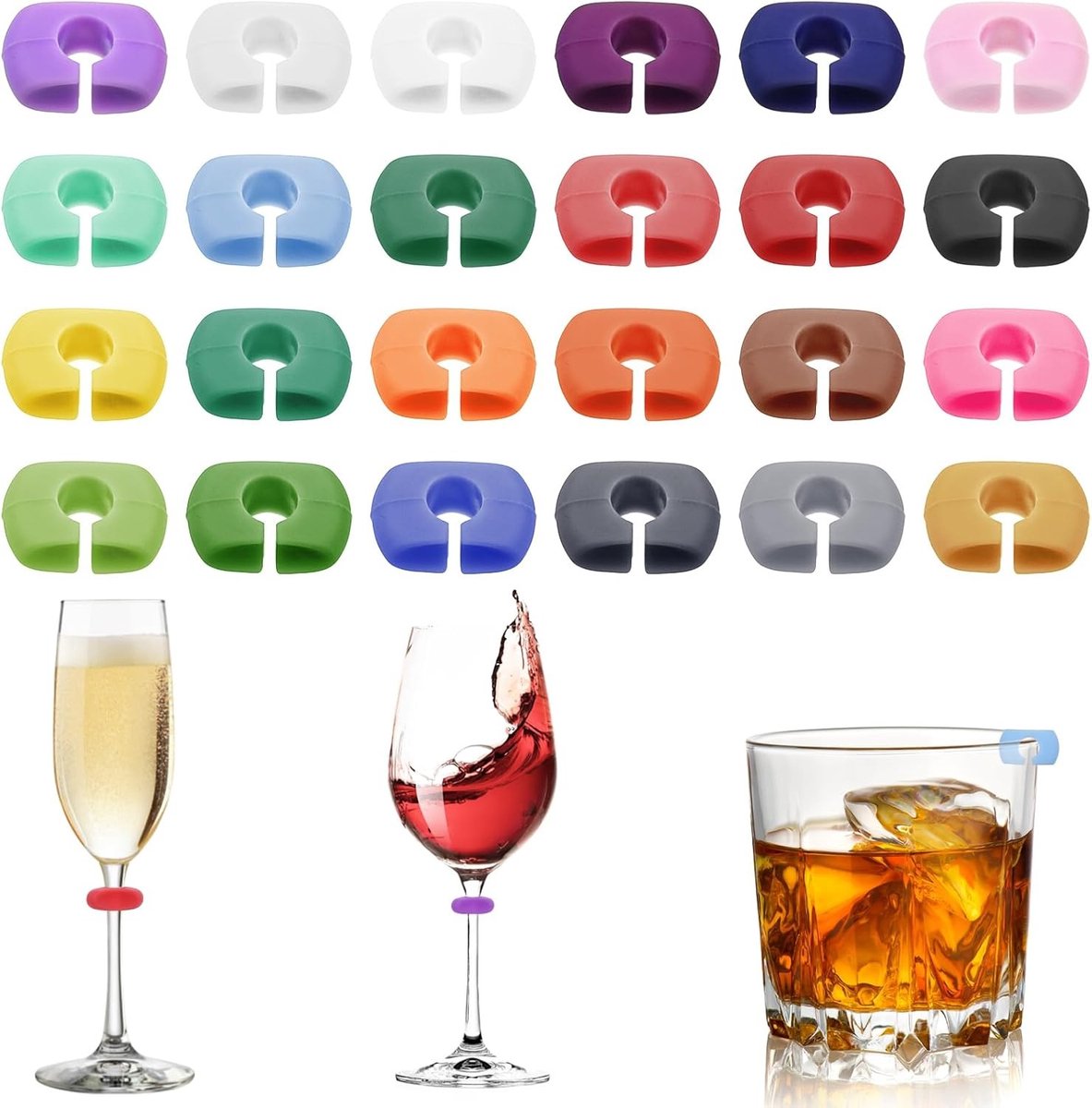 Multicolor Siliconen Wijnmarkers voor Glazen - 24 Stuks Drink Identificatie Labels voor Feesten, Bruiloften en Cocktails
