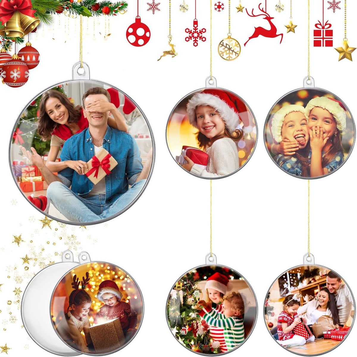 Vulbare transparante kerstballen, 5 stuks, plastic hangdecoratie met gouden lijn voor kerstboom en foto’s