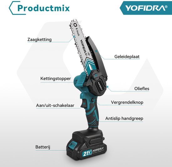 Yofidra Mini kettingzaag - 6 inch kettingzaag- met 2x accu’s - 1000W Heggenschaar - Takkenzaag - voor tuin, boomsnoeien en hout van Yofidra — afbeelding 4