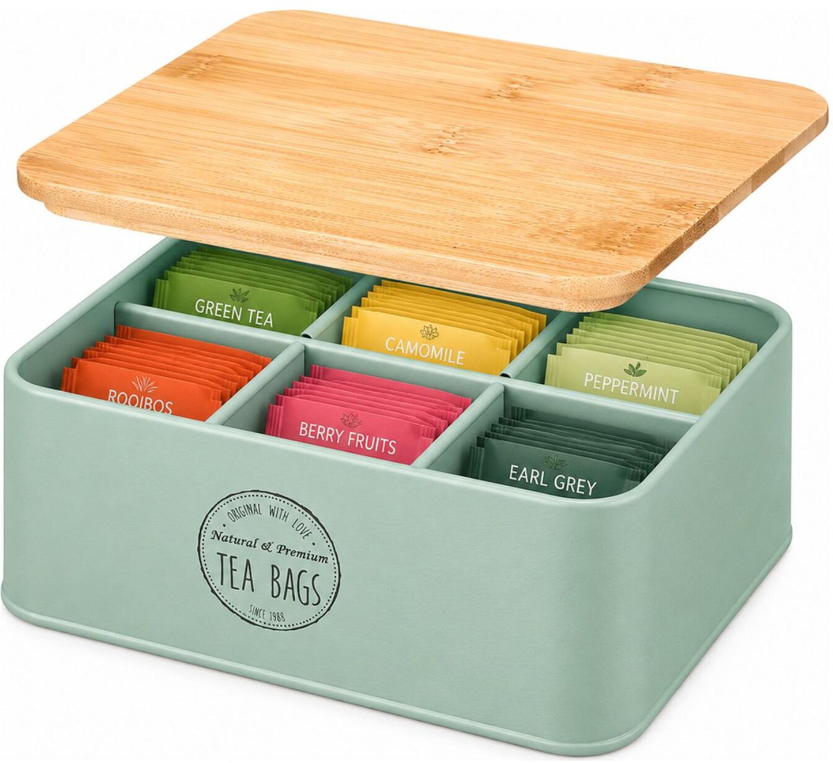 Kinvara Theedoos - groen - 6-vaks - metaal - 16 x 19 x 8 cm - met bamboe deksel - theebox