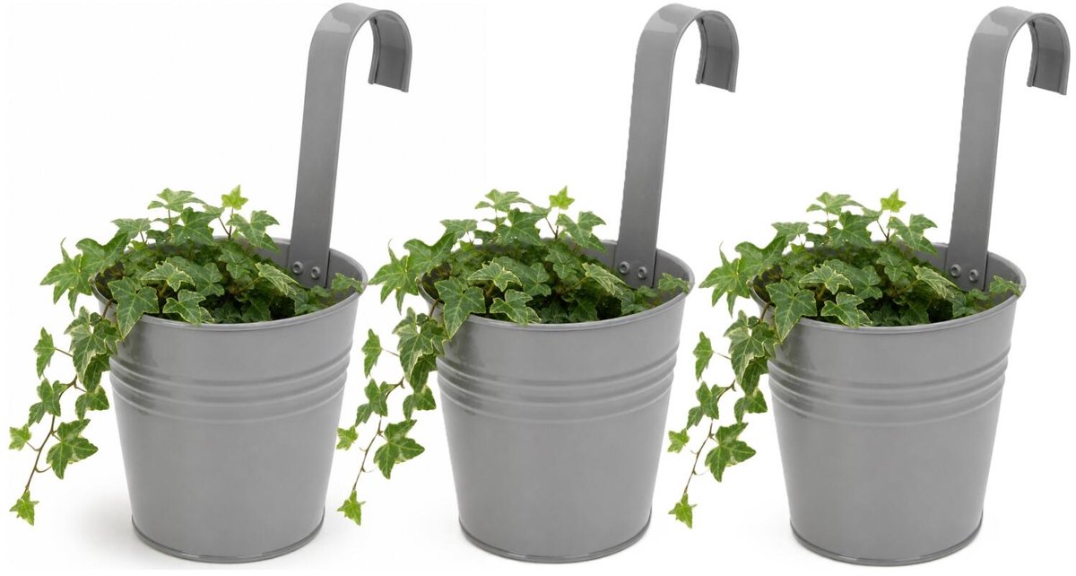 Progarden Bloempotje met haak - 3x - plantenbak zink met ophanghaak - grijs - 20 x 13 x 26 cm - ophangbaar- Balkon/schutting plantenpot
