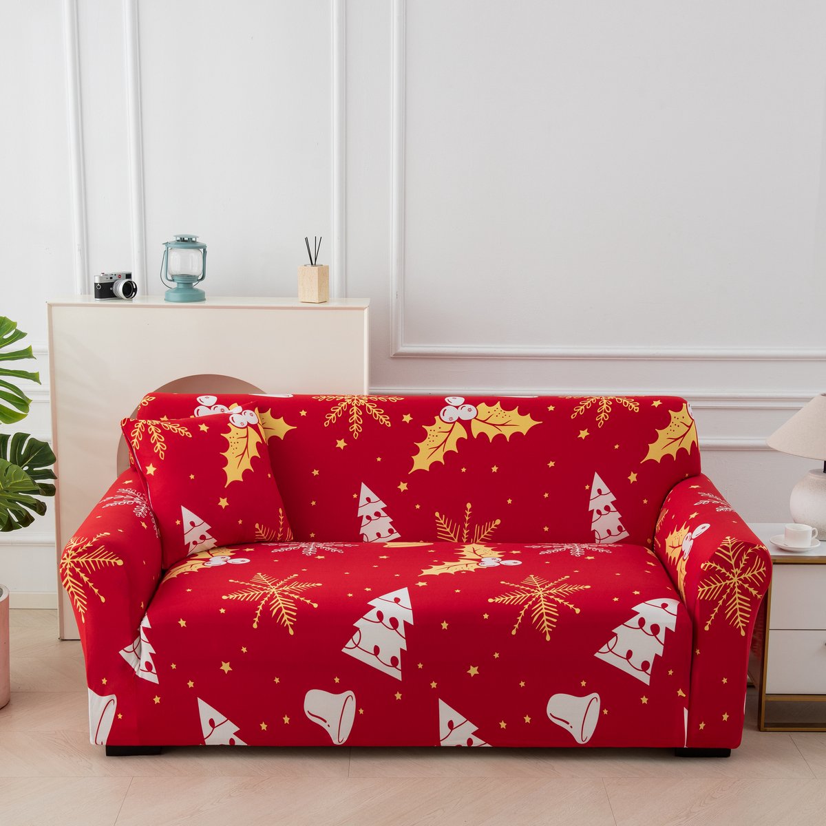 Kerst Bankhoes – Elastische Stretch Bankovertrek – Antislip & Wasbaar – Volledige Bescherming – Kerstprints – Rood – Voor 2-Zits Bank – 145–185 cm – 1 Stuk