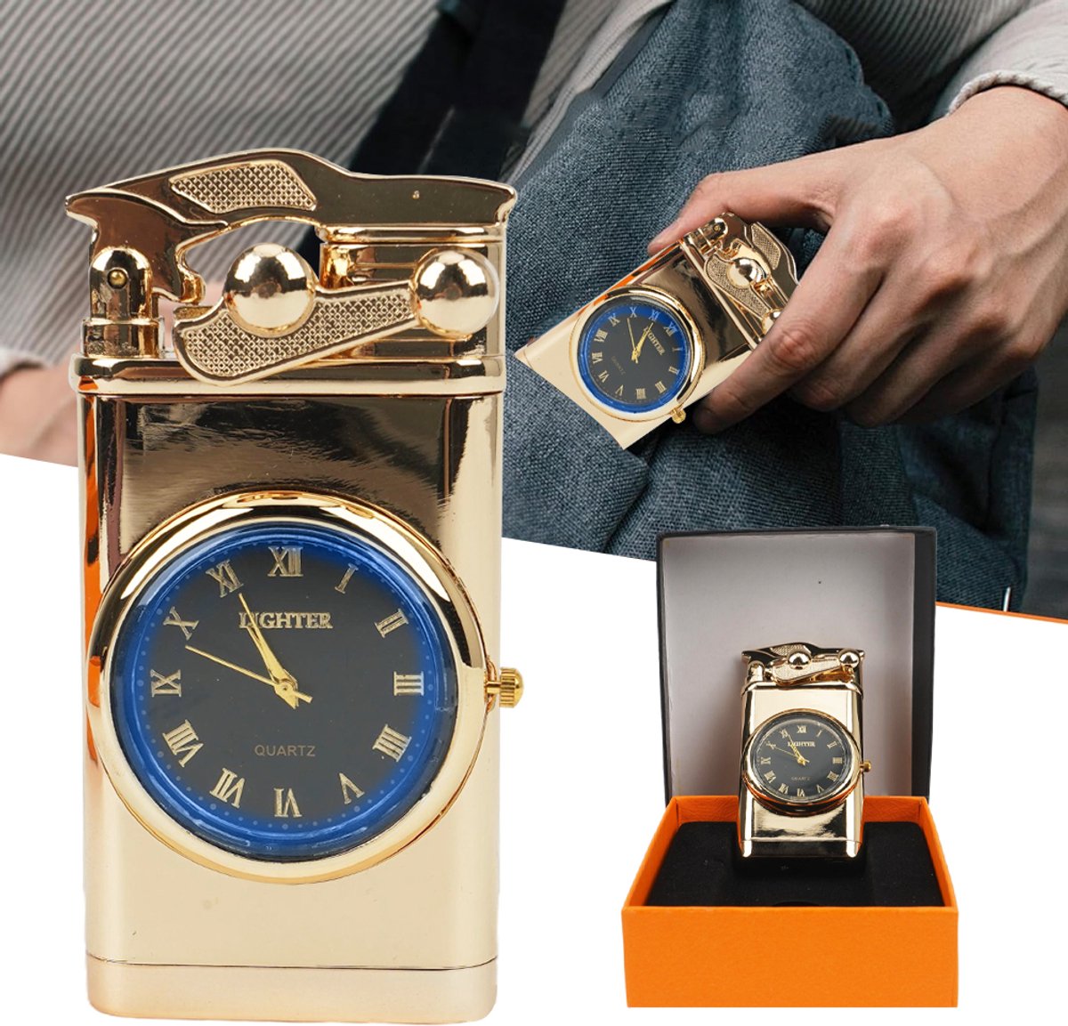 Windbestendige Horloge Aansteker in Goud - Met Instelbare Vlamgrootte Navulbaar Elegant Zinklegering - Lichtgewicht Zakformaat Aansteker Voor Binnen- En Buitengebruik