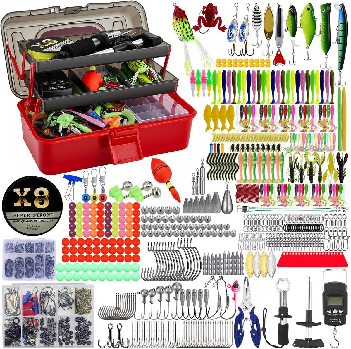 Complete 680-delige Visgereedschapset met Diverse Aas, Haakjes, Tang en Weegschaal voor Snoek, Forel en Baars - Ideaal voor Beginners en Gevorderden met 3-laags Opbergdoos