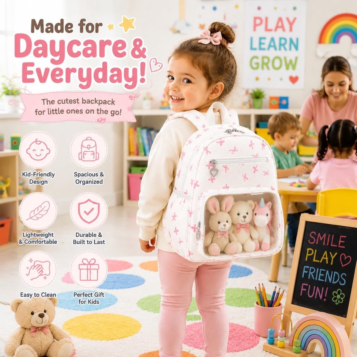 Kindertasje voor meisjes met borstband, geschikt voor kleuters van 2-4 jaar, ideaal voor school en buitenactiviteiten, met schattige vlinderknopen - beige