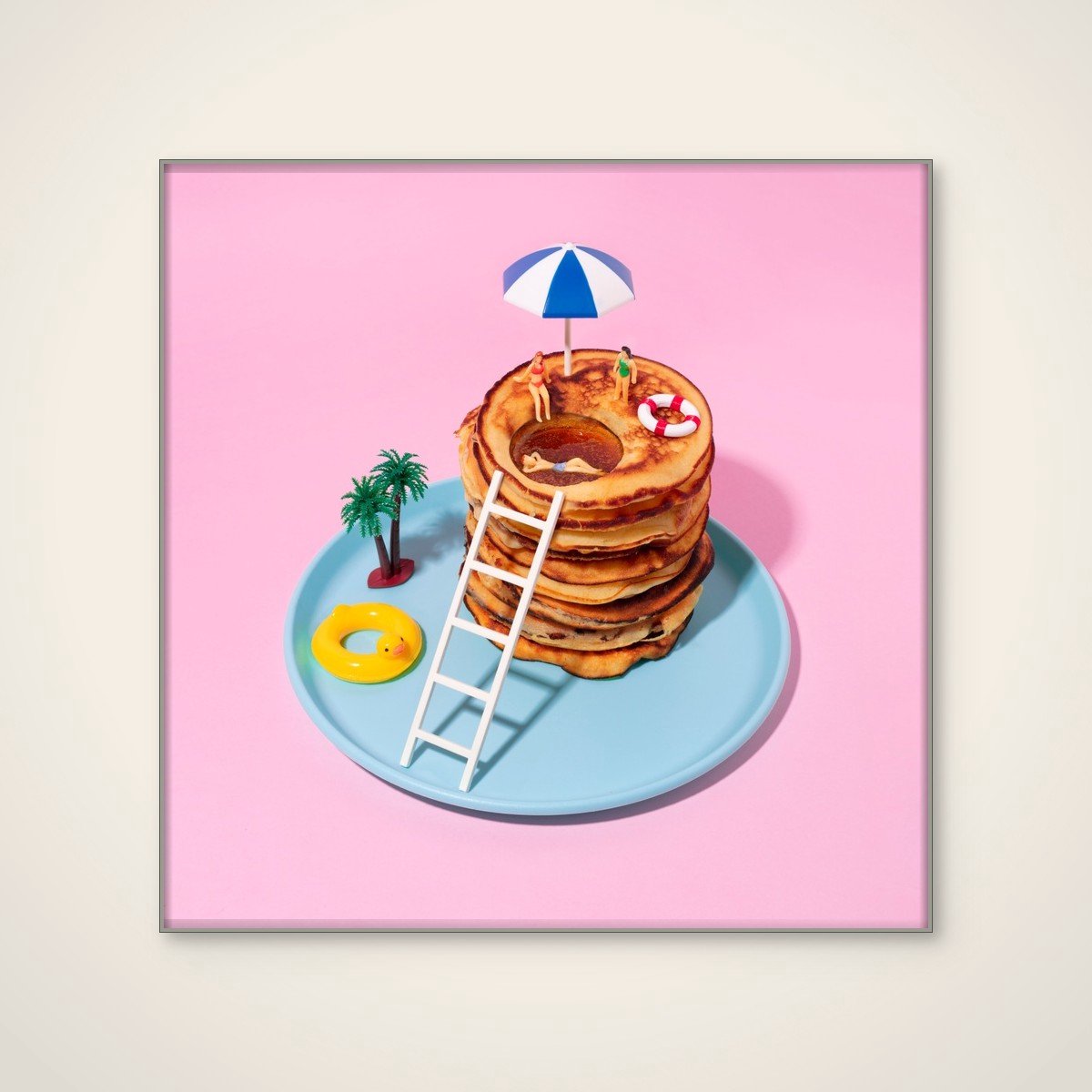 Akoestisch schilderij - 100 x 100 cm - Miniature Pancake Vacation van Julia Ramiro - Abstracte wanddecoratie - zilver textielframe