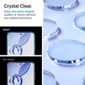 Gros plan d'écrans de téléphone, un avec protection Spigen, un sans, sur fond bleu abstrait.