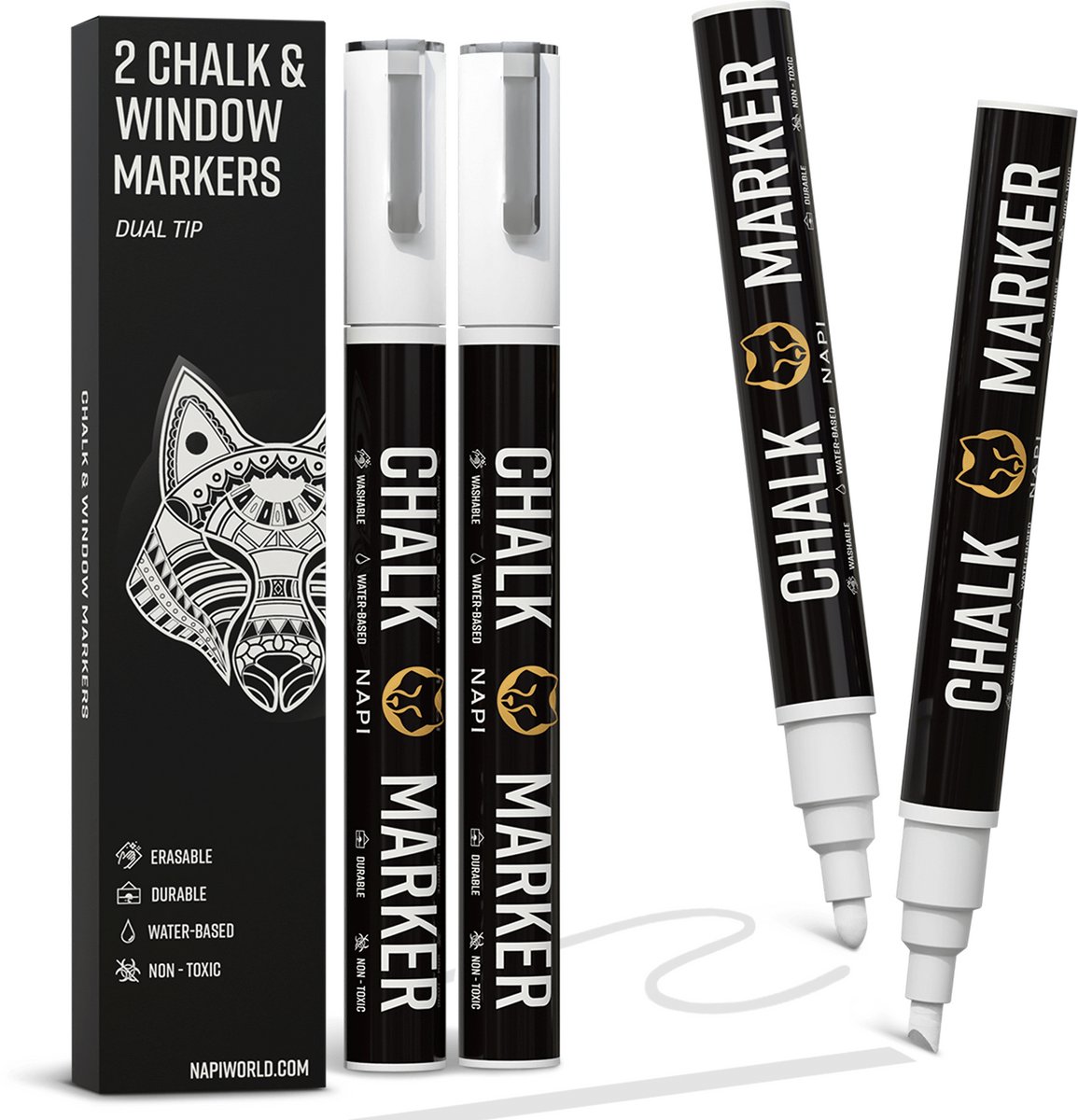 Napi Krijtstiften 2st Wit - Afwasbaar - Raamstiften 3mm - Krijtstift Markers voor Krijtbord & Raam - Whiteboard Stiften - Whiteboardmarkers – Glasstiften - Krijtmarker - Porselein - Glas