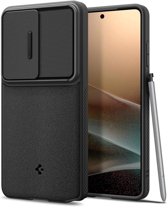 Zwarte telefoonhoes met schuifbare cameralens protector en textuur op de achterkant.