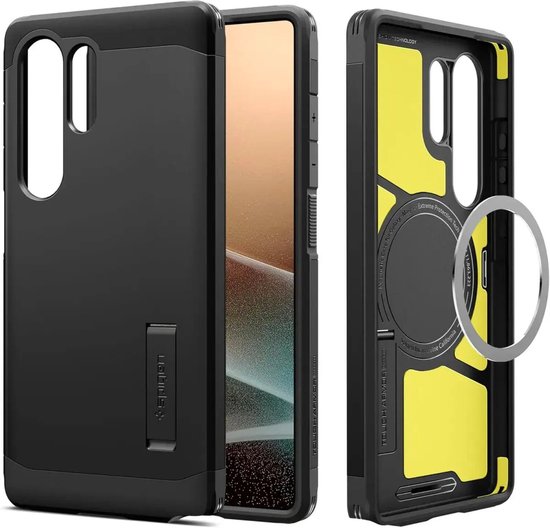 Zwarte Spigen Tough Armor hoes voor telefoon, met een uitklapbaar deel dat de binnenkant met gele accenten toont.
