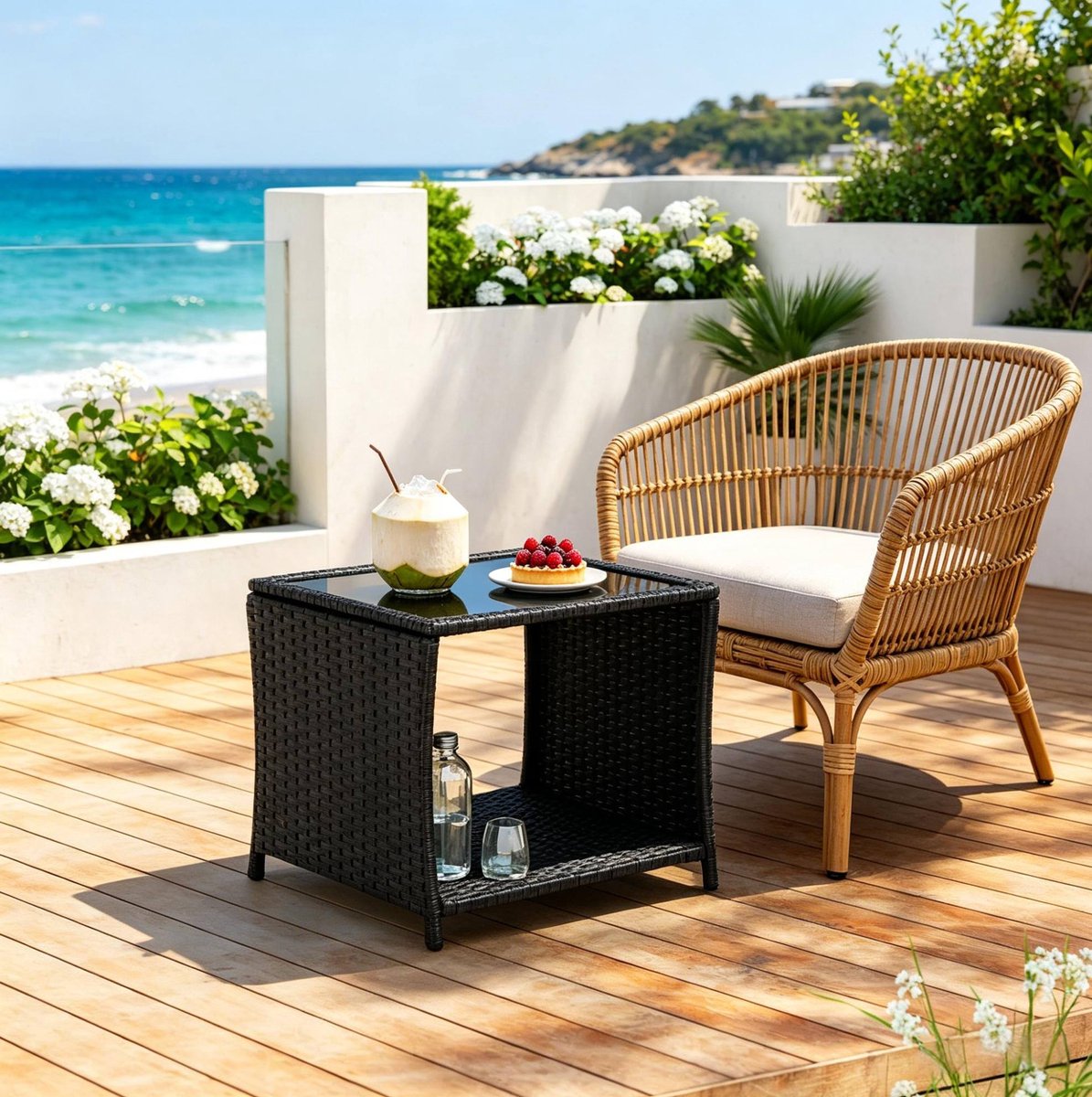 FloraGrace Tuintafel - Bijzettafel Met Opbergruimte Voor Tuin En Balkon - Polyrattan Met Glazen Blad - 45x45x40 Cm - Zwart