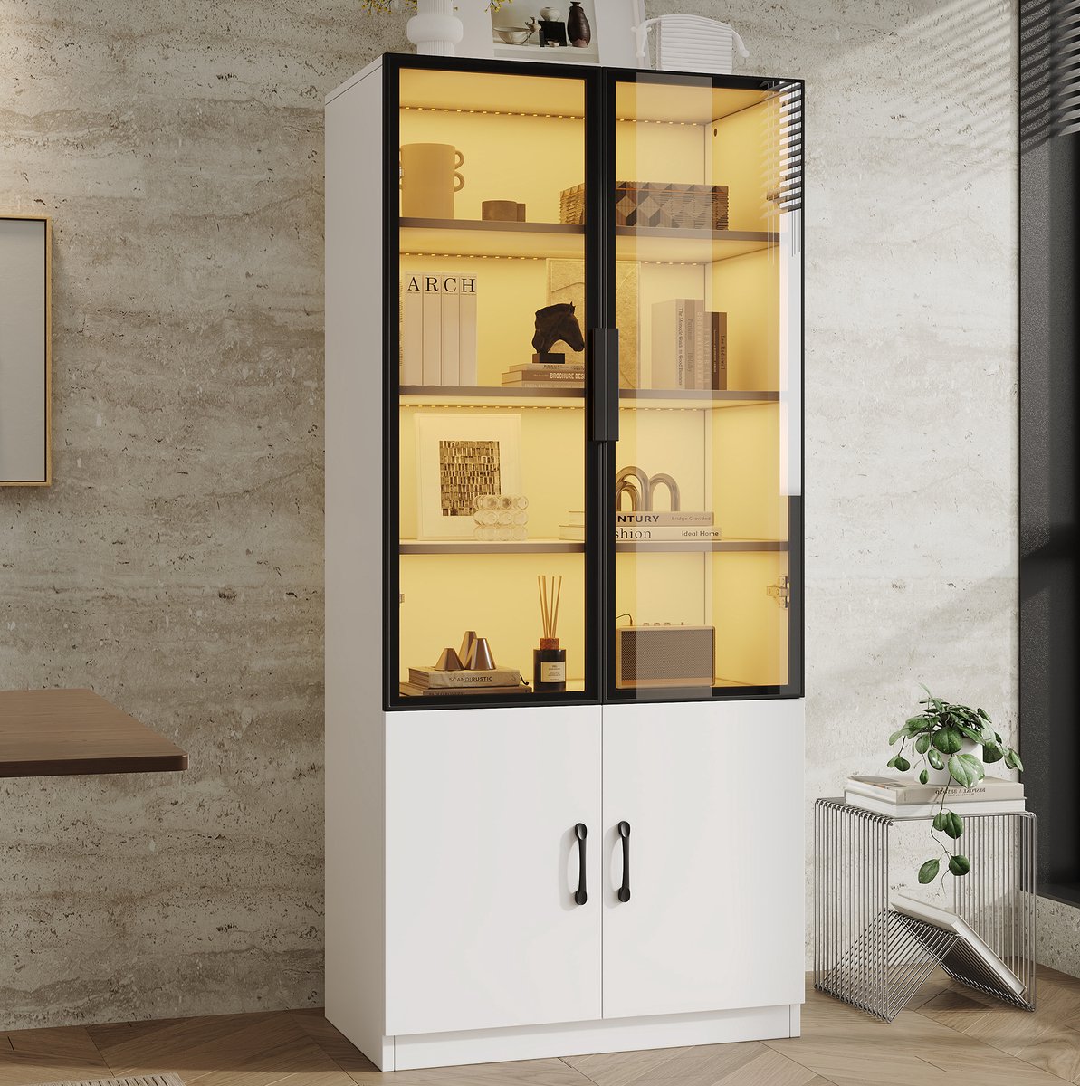 OKWISH Vitrinekast – Met Ledverlichting En Rookglas – 60 x 40 x 160 cm – 4 Deuren – Display En Opbergruimte – Wit