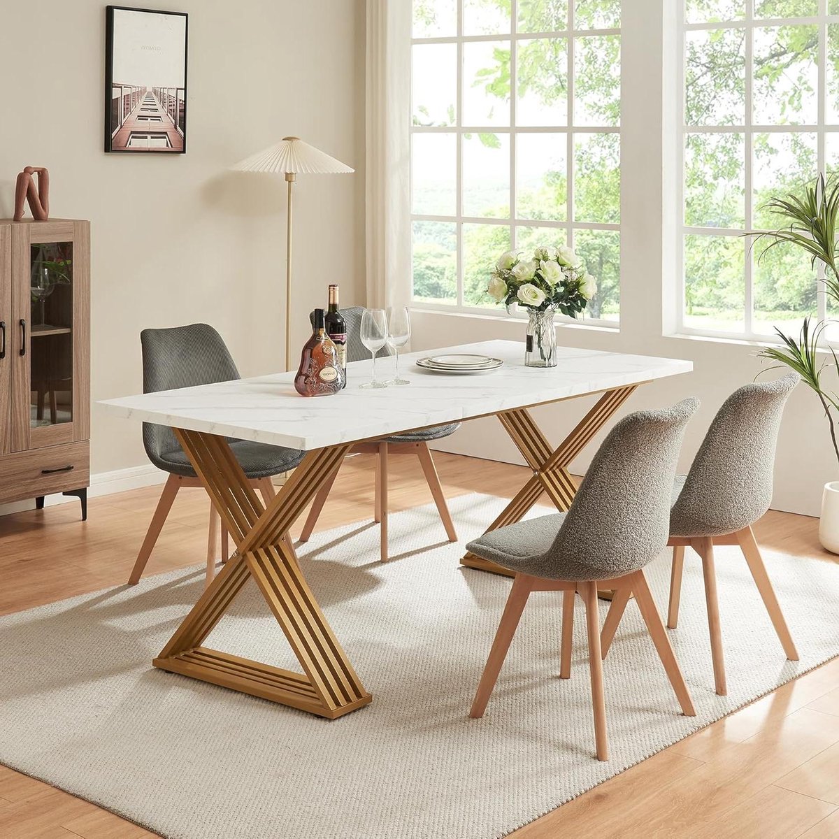 Eettafel Rechthoekig - Eettafel met metalen frame - Gezellig Tafelen - Marmerlook Blad - 180x80 cm - Wit Goudkleurig