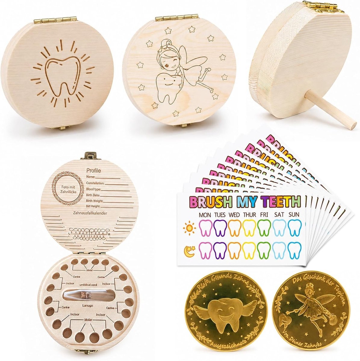Set van 2 Houten Melktanddozen met 10 Beloningskaarten en 2 Gouden Herdenkingsmunten voor Tandenfee, Doop en Verjaardagsgeschenken