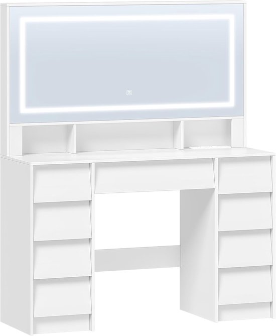 Minimalistische witte kaptafel met een rechthoekige, ingelijste spiegel met LED-verlichting en een rij laden.