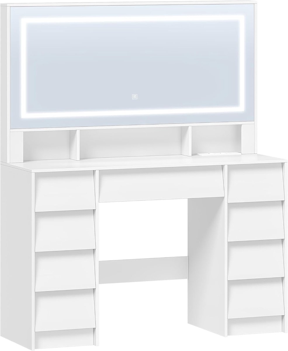 Hzuaneri Kaptafel met spiegel, grote make-uptafel met ledverlichting en stopcontact, 9 lades en 3 open schappen, moderne stijl, wit, 40 × 108 × 139 cm