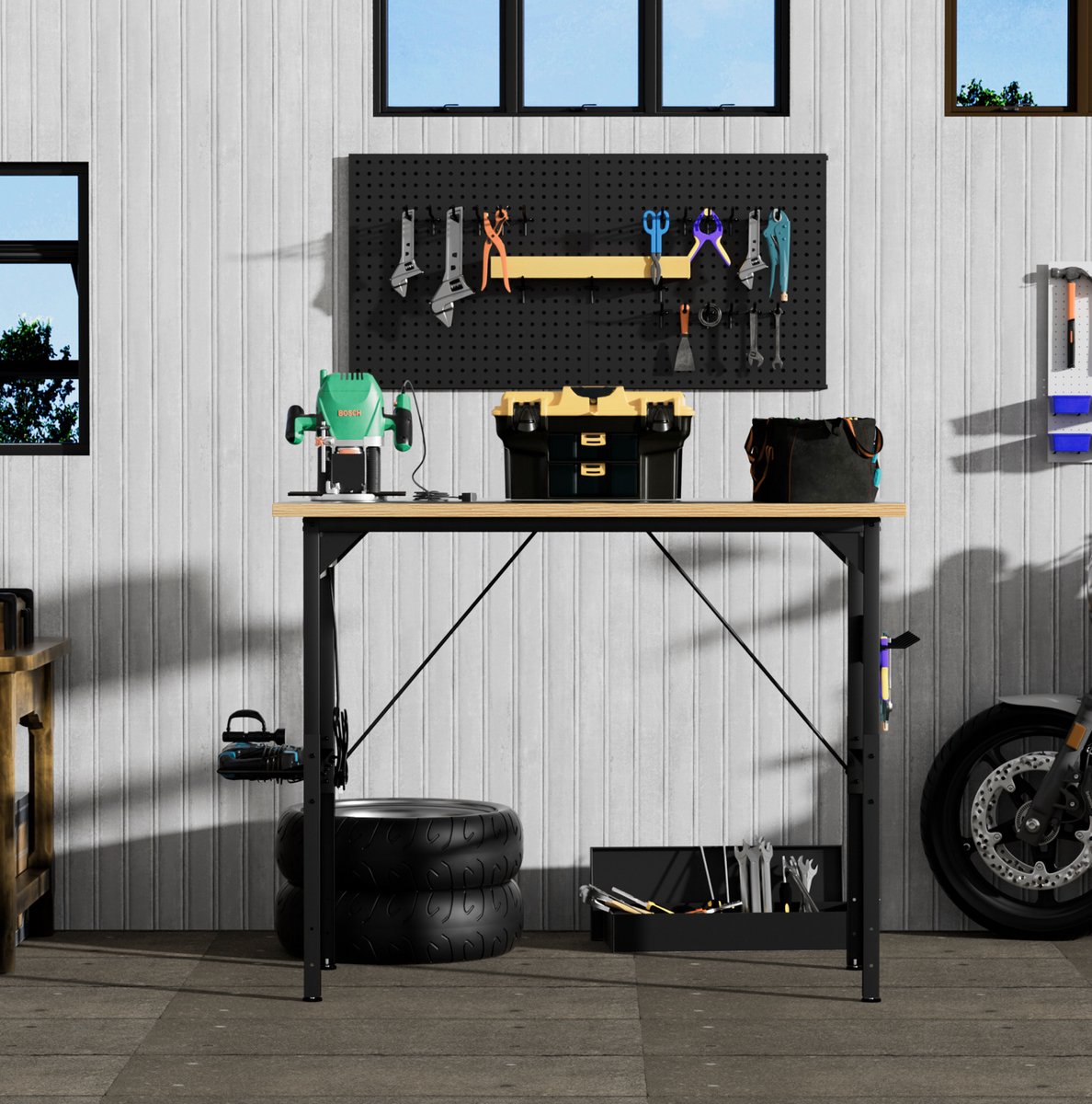 FloraGrace Werkbank - In Hoogte Verstelbaar Met Gereedschapswand En Wielen - Voor Garage En Werkplaats - Hout Metaal - 120x60 Cm - Zwart Naturel