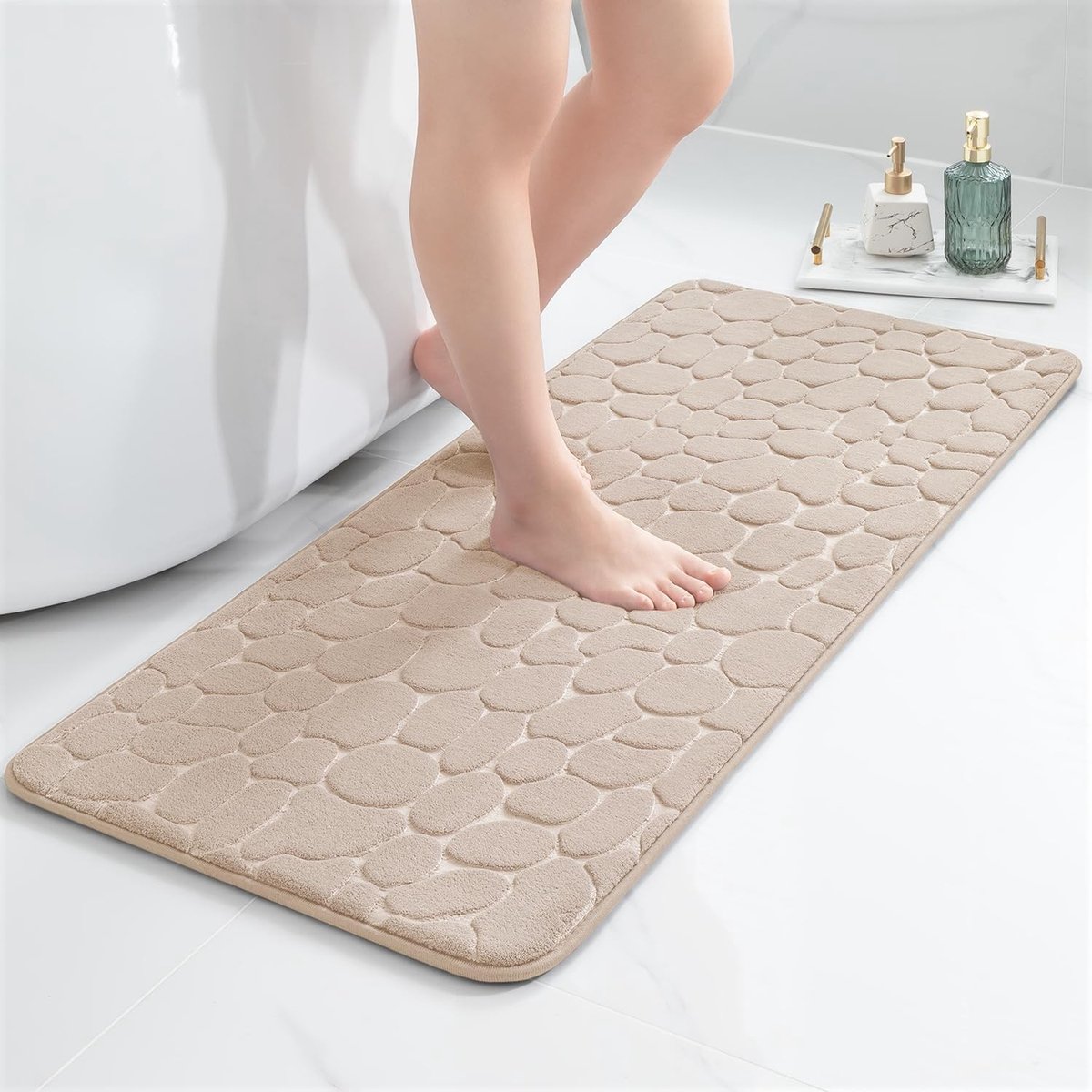 Zachte en Absorberende Badmat van Geheugenfoam, Antislip Douchemats, Decoratieve Voetmat voor Badkamer en Woonkamer, 60 x 120 cm, Beige