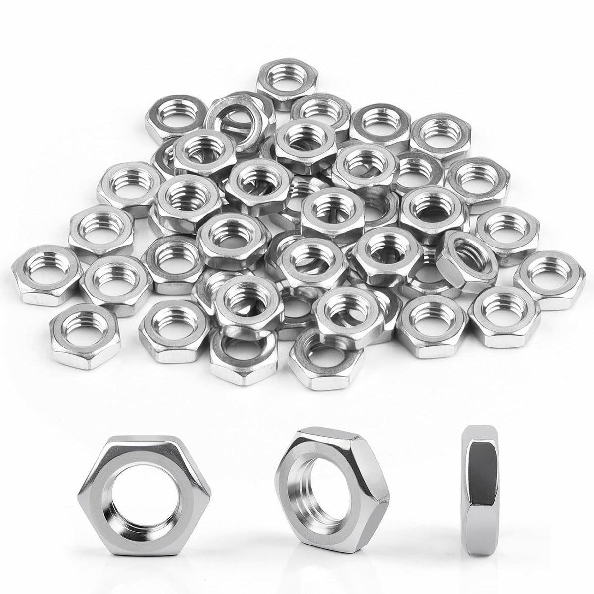 50 Stuks RVS M4 Moeren, Lage Hex Moeren DIN439 A2 V2A, Geschikt voor Schroeven, Ringmoeren en Draadstangen
