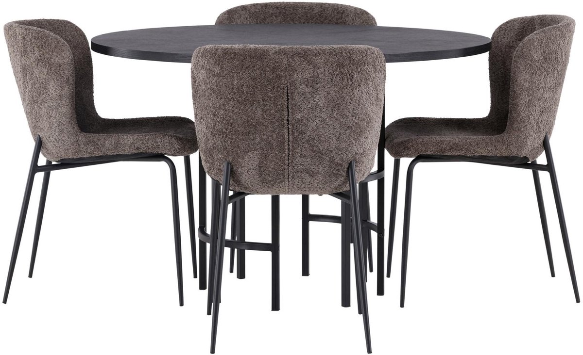 Copenhagen eethoek eettafel zwart 4 stoelen bouclé bruin.