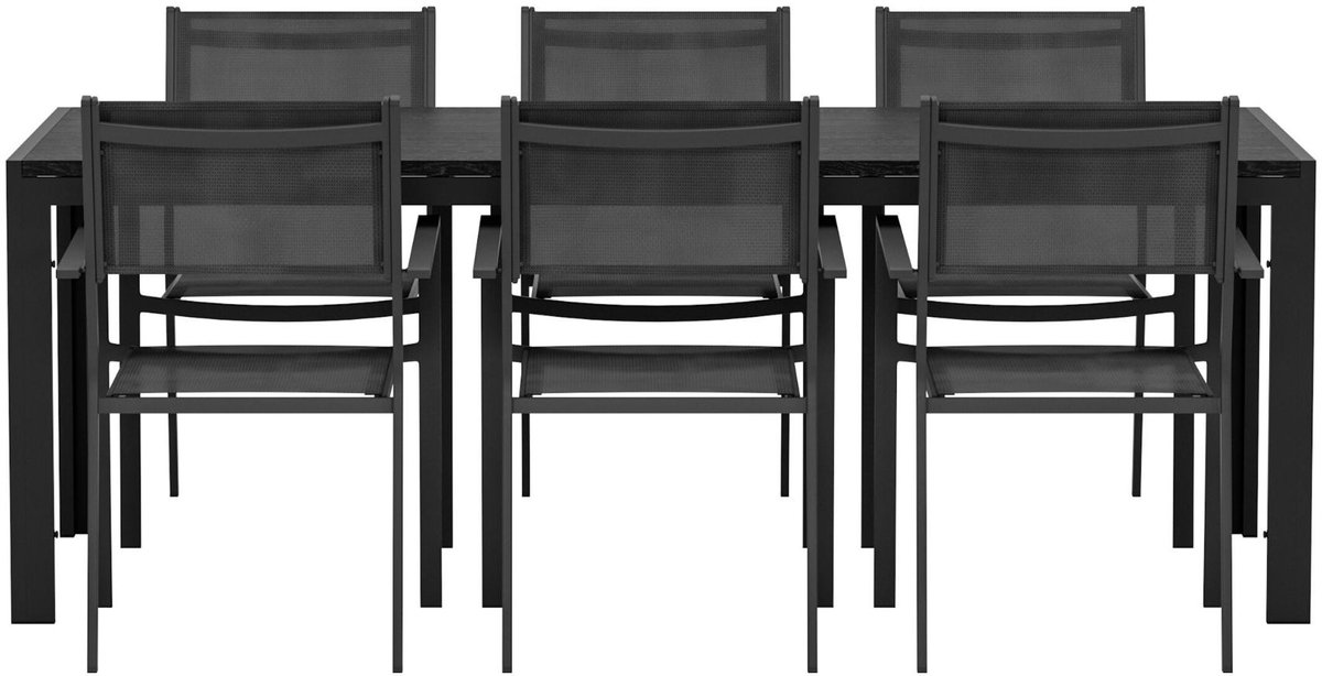 Mirko tuinmeubelset tafel 90x200cm zwart 6 stoelen zwart.