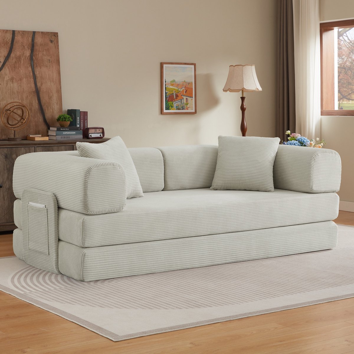 PHOEBE CAT Tweezitsbank - Uitschuifbare slaapbank - Tatami-mat - 2 kussens - Modulair ontwerp - Beige