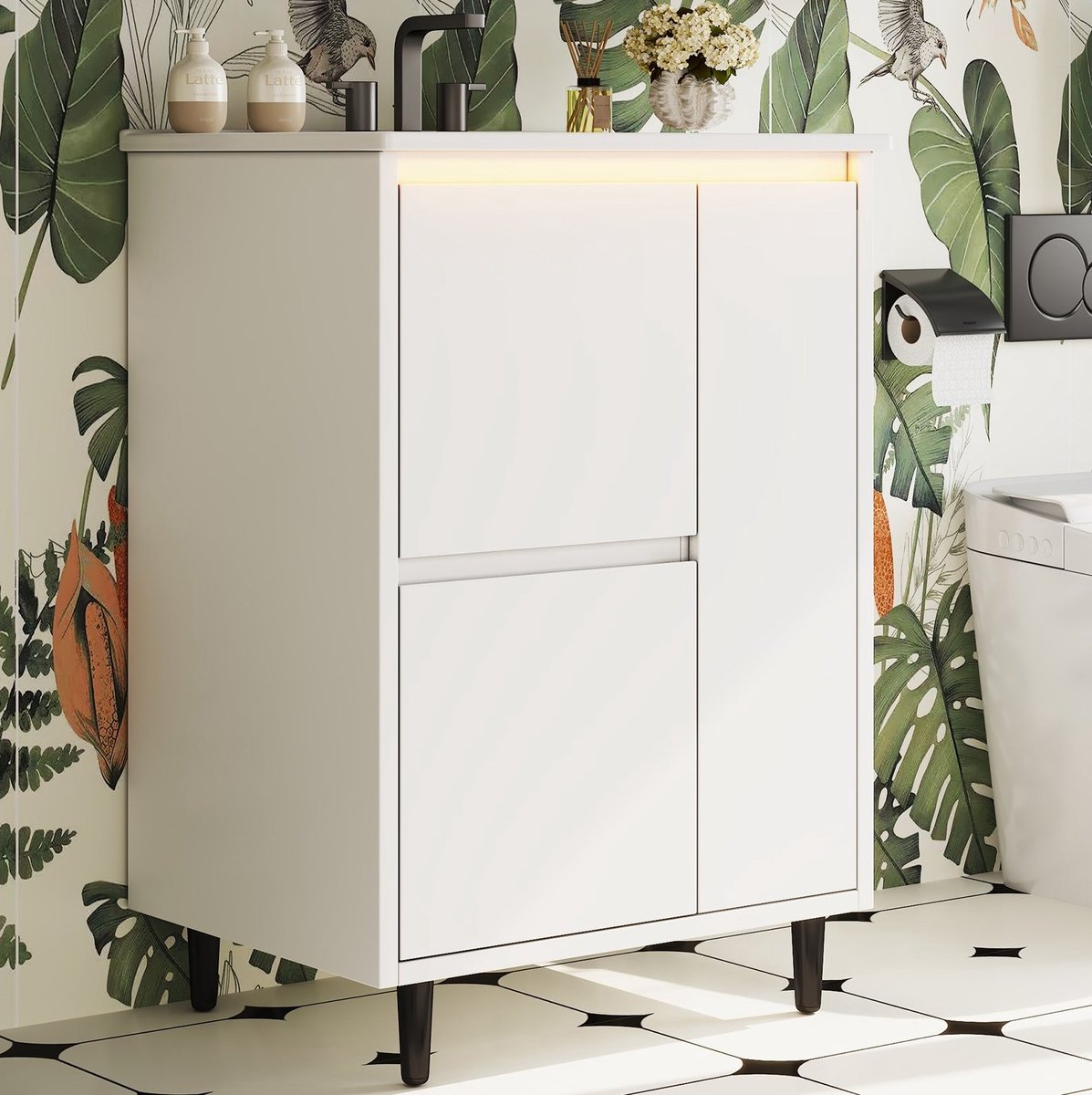 OKWISH Dressoir - Badkamer Wastafelmeubel Met Keramische Wastafel - 61 x 46,5 x 87 cm - 2 Lades En 1 Deur - Vrijstaand - MDF En Keramiek Wit