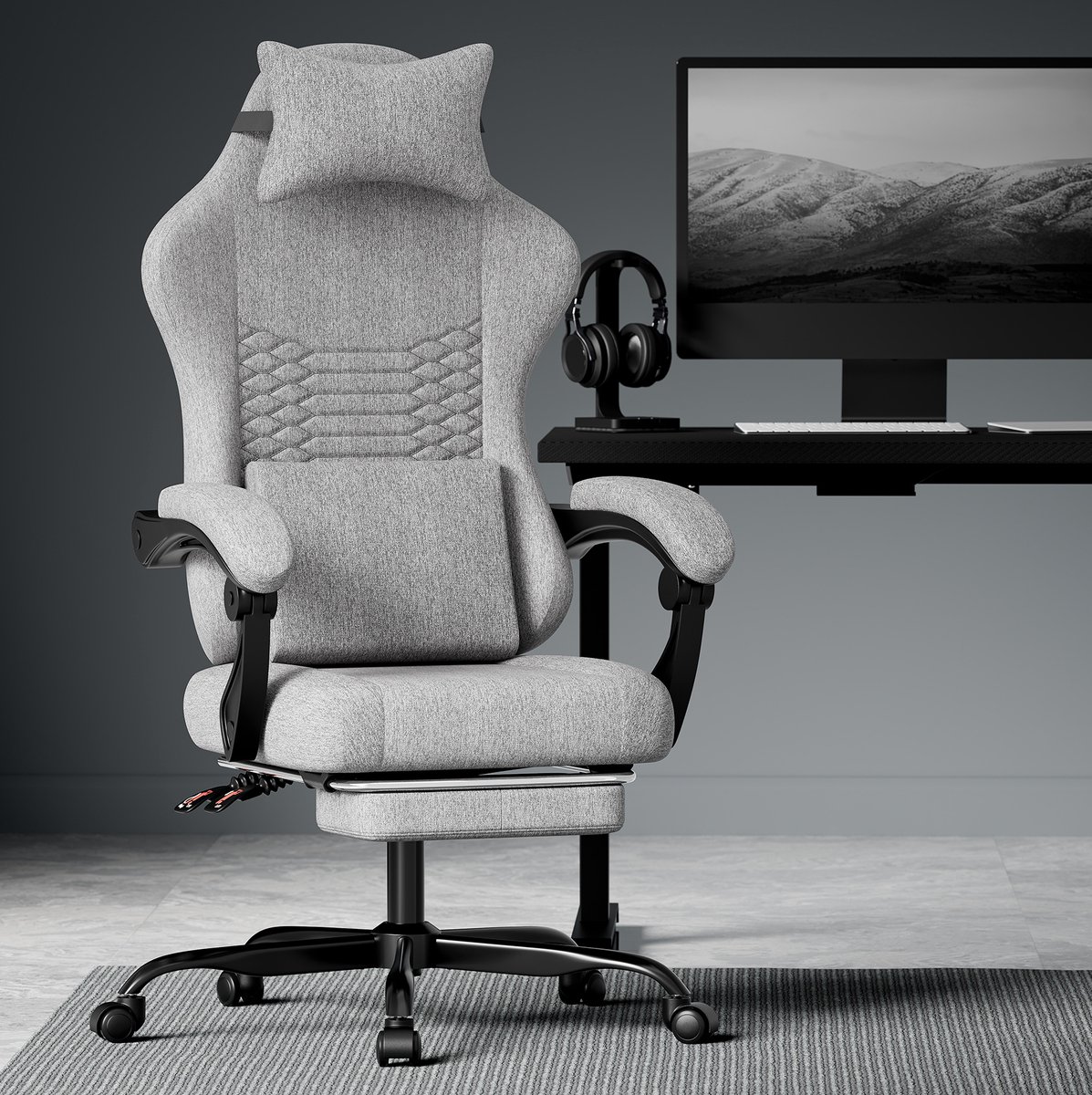 DESMIU Gamingstoel - Ergonomisch - Met Hoofdkussen, Lendensteun En Uitschuifbare Voetsteun - Voor Werken En Gamen - Stof Lichtgrijs