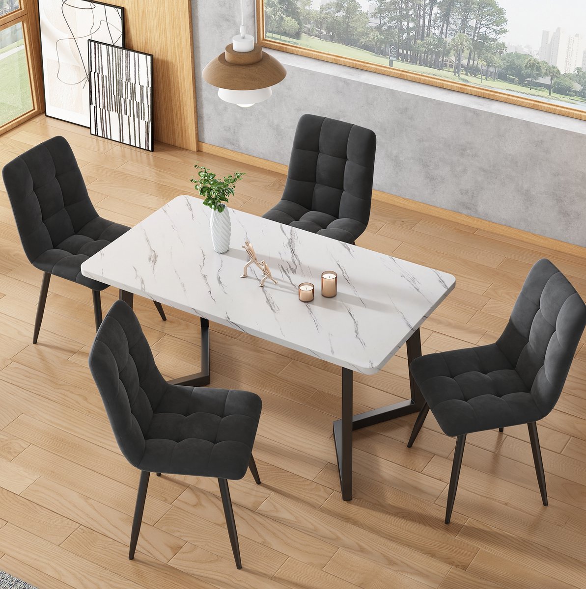 DESMIU Eettafelset 117 x 68 x 75 Cm - Rechthoekige Eettafel Met 4 Stoelen - Voor Keuken, Eetkamer En Woonkamer - Hout En Metaal - Grijs