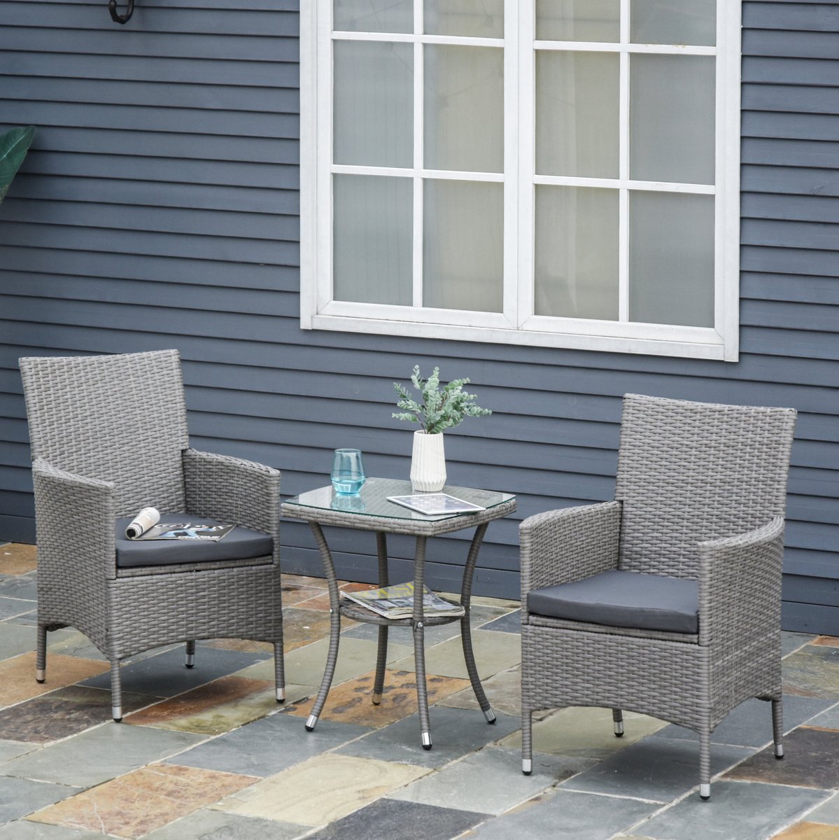 FloraGrace Bistroset - 3-Delige Balkonset Met Kussens En Gehard Glas - Voor Binnen En Buiten - Grijs - 2 Zitplaatsen