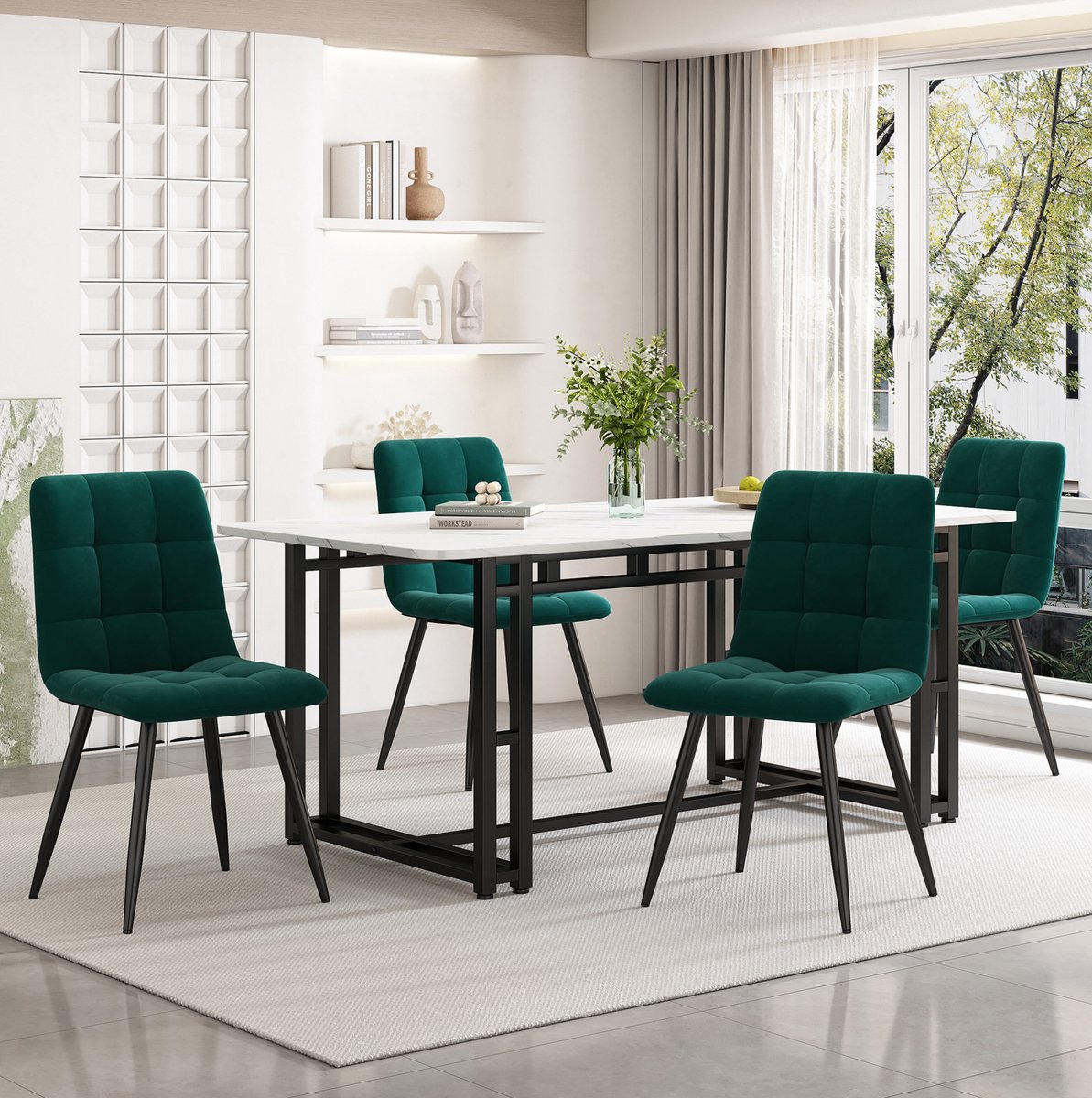 DESMIU Eettafelset 140 x 80 cm - Set Met 4 Stoelen - Modern Voor Eetkamer, Keuken En Woonkamer - MDF En Metaal - Groen Zwart Wit