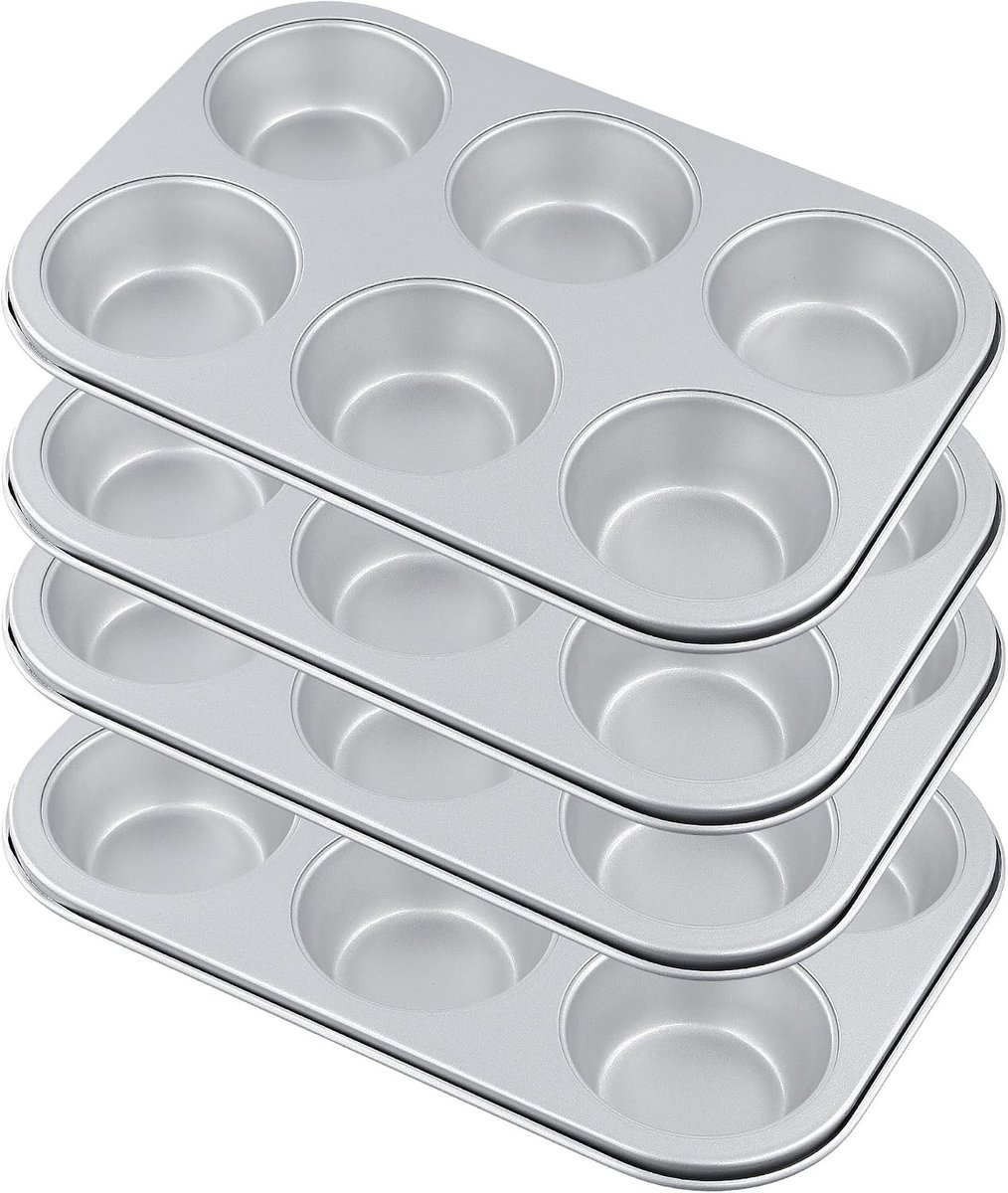 Muffinvorm met 6 kopjes - 4 stuks, anti-aanbaklaag, ideaal voor muffins, cupcakes en koekjes, koolstofstaal, zilver