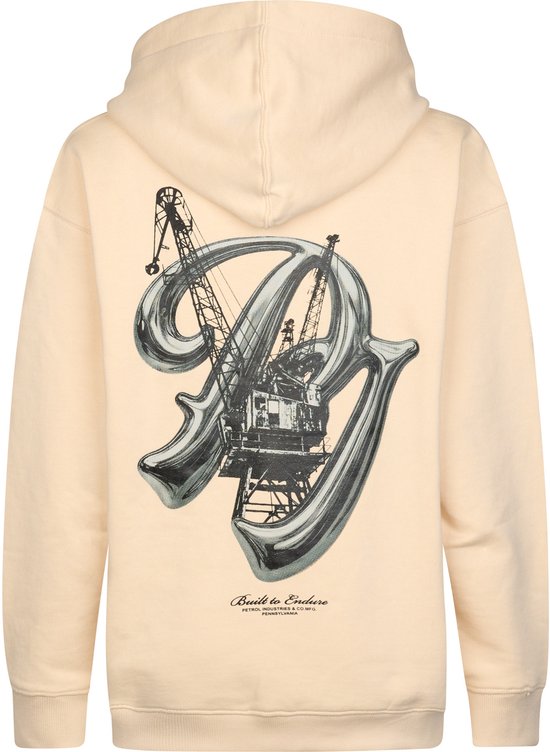 Crèmekleurige hoodie met grote grafische print van een kraan op de rug en tekst 'Built to Endure'.
